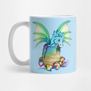 Cute baby dragon hatching from egg, surrounded by dnd dice Mug